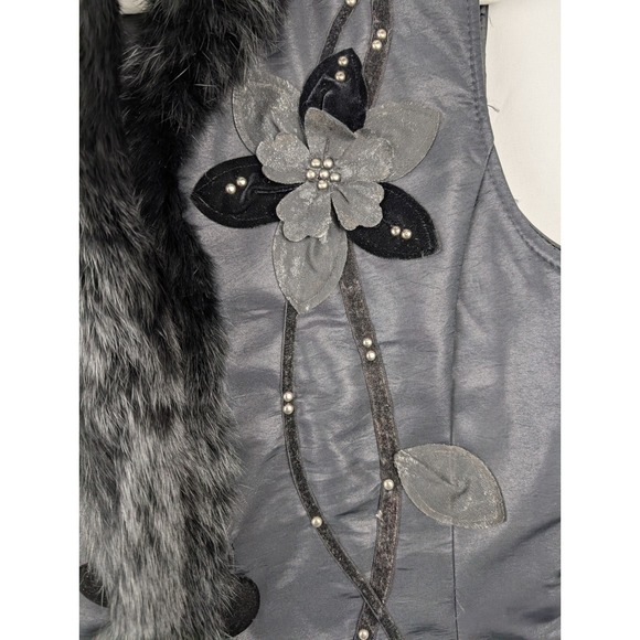 Black Rabbit Fur Trimmed Vest Womens M Embellished Floral Applique Elegent Party - Picture 3 of 10